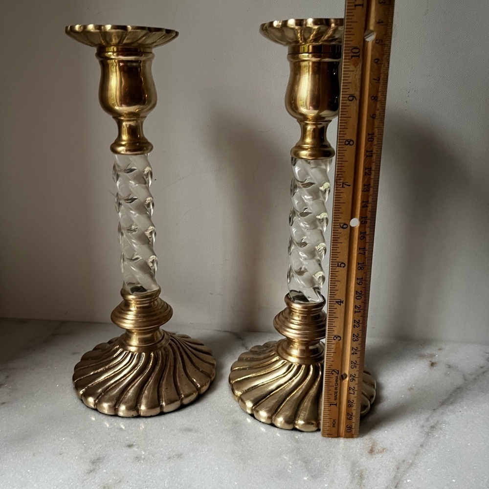 Elegant Gold brass and Clear lucid Candlestick Holders 10.5” set of 2 - Picture 3 of 10